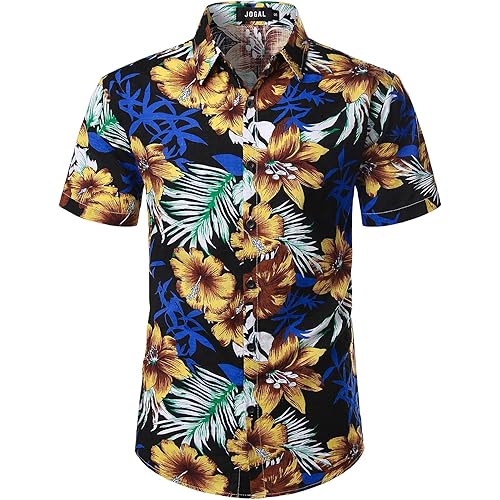 JOGAL Men's Flower Casual Button Down Short Sleeve Hawaiian Shirt