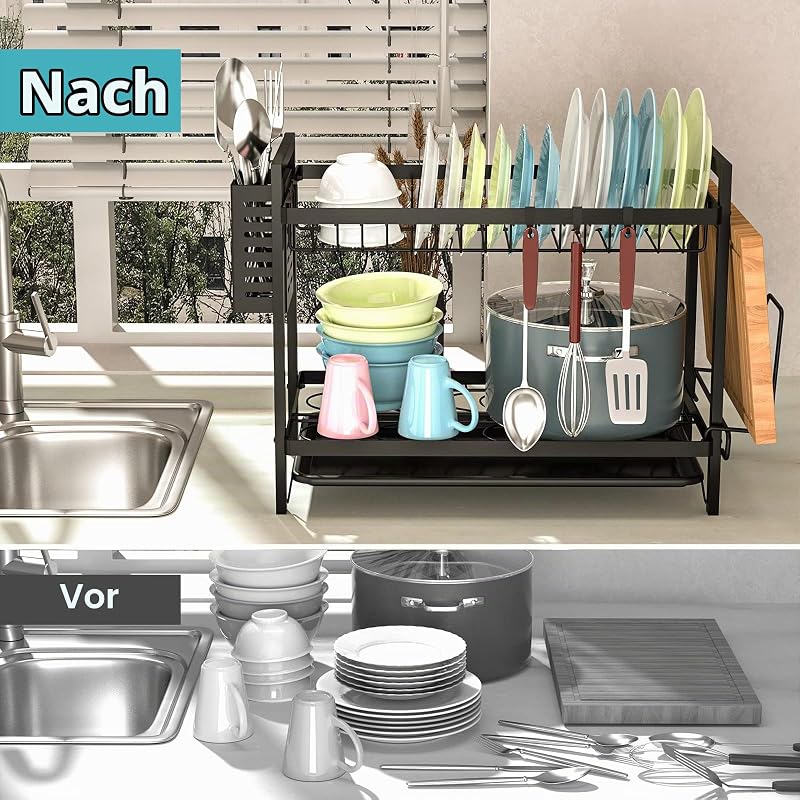 2 Ebenen Abtropfgestell Geschirr Geschirrkorb Geschirrabtropfgestell Edelstahl Geschirr Abtropfständer Geschirrabtropfgestell mit Utensilienhalter Abtropfschale Haken für Küchentheke Spüle Organizer — Foto 7 von 7