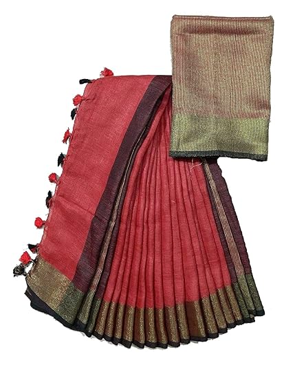 Women's Linen Slub Saree with Running Blouse (Red-150)