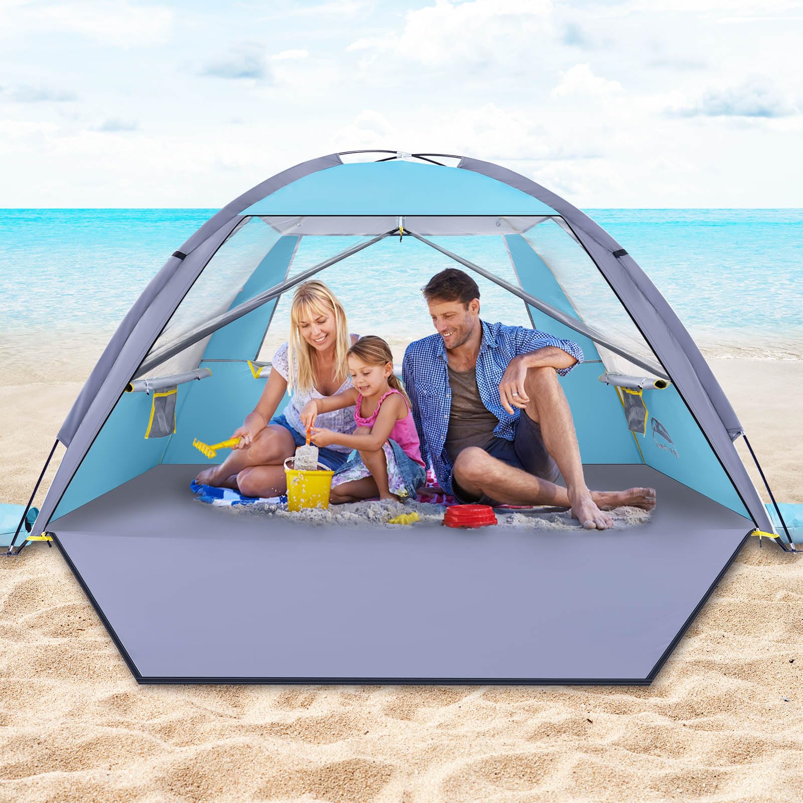Photo 1 of Happy Travel Beach Tent, UPF 50+ UV Protection Sun Shade Shelter for 3/4/5/6/7/8 Person, Portable Beach Canopy for Family & Baby, Lightweight & Easy Setup Beach Cabana with 3 Ventilation Mesh Windows