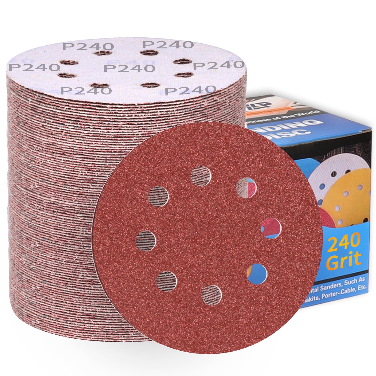 100Pcs 125mm Sanding Discs 240 Grit 8-Holes Hook and Loop Sanding Pads for Random Orbital Sander Sandpaper Sheet-ALPXUXP — image 1