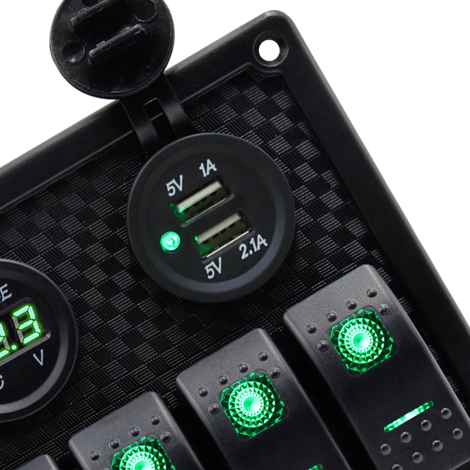 FXC Waterproof Marine Boat Rocker Switch Panel 6 Gang with Dual USB Slot Socket + Cigarette Lighter + Digital Voltage Display LED Light for Car Rv Vehicles Truck (6 Gang Green Light) : Sports & Outdoors