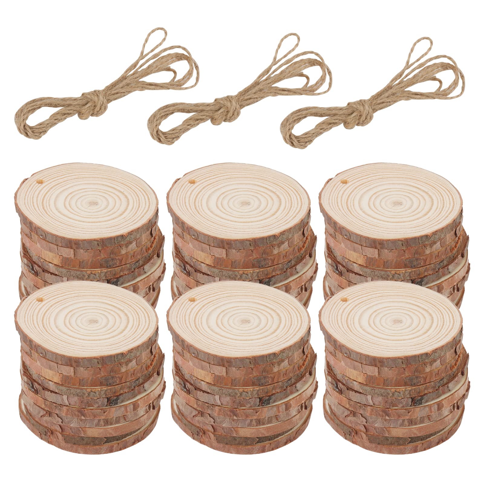 ZEONHAK 60 PCS 6-7cm Craft Wood Slices, Natural Wooden Log Slices with Hole Hanging Rope, Unfinished Pine Wood Disics for Craft, Wedding Decorations, Ornaments, Art