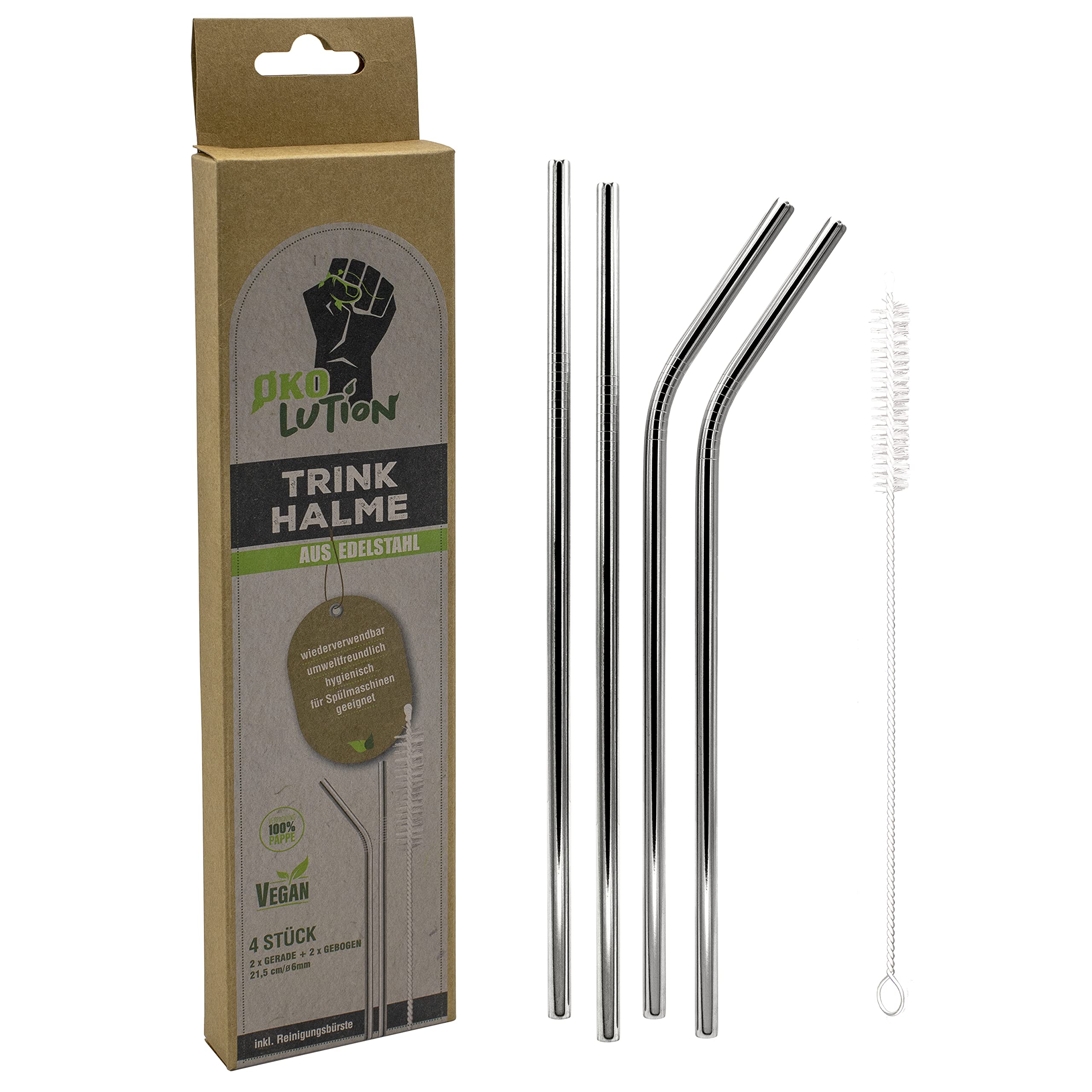 Ökolution Stainless Steel Drinking Straws, 4 Pack with Cleaning Brush, 2 Straight and 2 Curved Reusable Straws, Length 21.5 cm