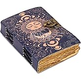 ANANYOM Leather Journal Refillable Notebook 8x5 Inch – Royal Blue Sun & Moon Design | Vintage Writing Journal for Women & Men | 200 Unruled Dackle edge Pages, Brass Clasp Lock, Genuine Leather Diary