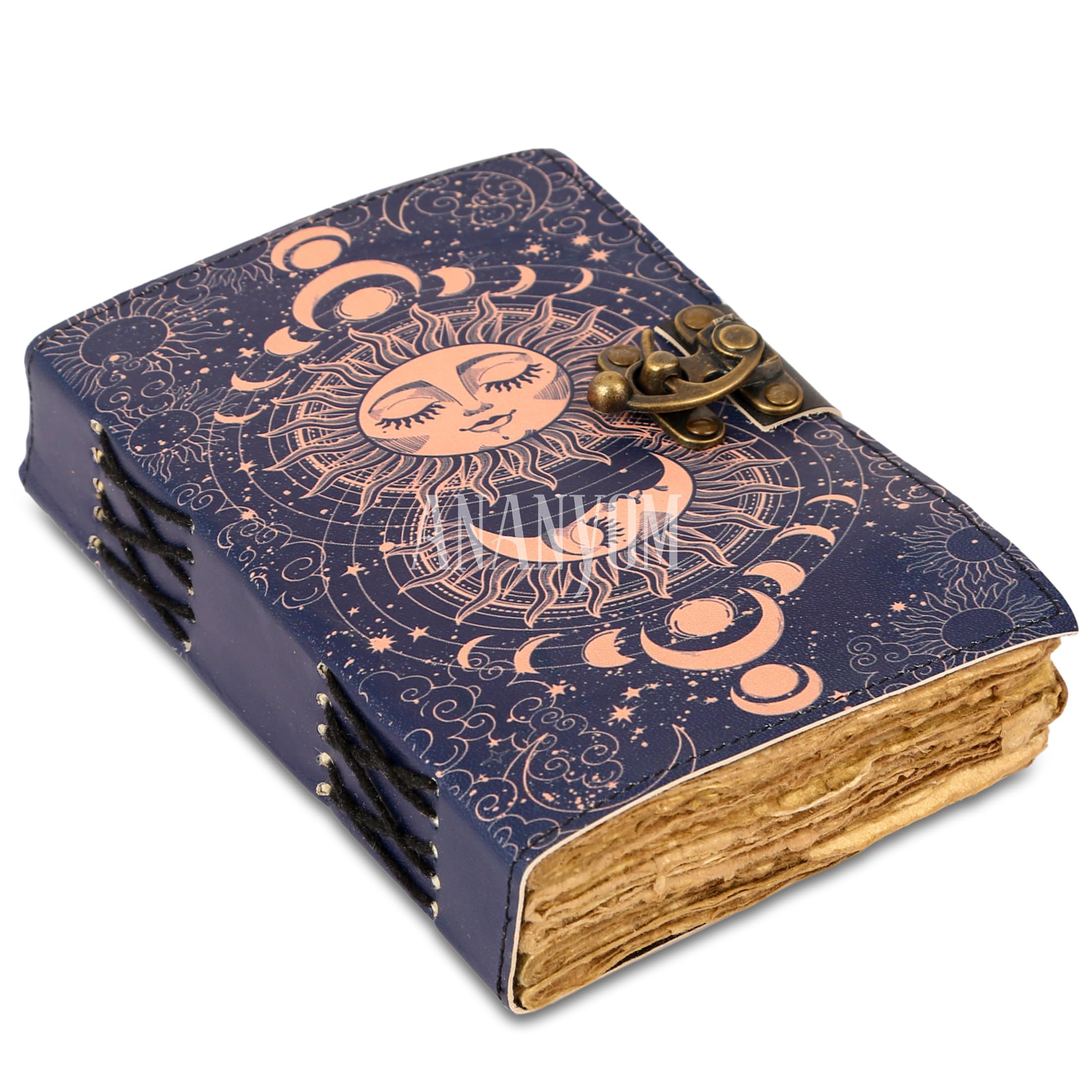 ANANYOM Handmade Leather Journal,Royal Blue,Sun & Moon Vintage Leather Notebook Diary Sketchbook,Brass Clasp Lock Journal for Men & Women,Journal Deckle EdgeUnruled 200 Pages,Size 7 (L) x 5 (W) inches