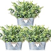 Sawysine 3 Sets Faux Eucalyptus Potted Plants Artificial Decor Artificial Eucalyptus Greenery Arrangement in Galvanized Metal Planter Box for Spring Farmhouse Home Office Table Centerpiece