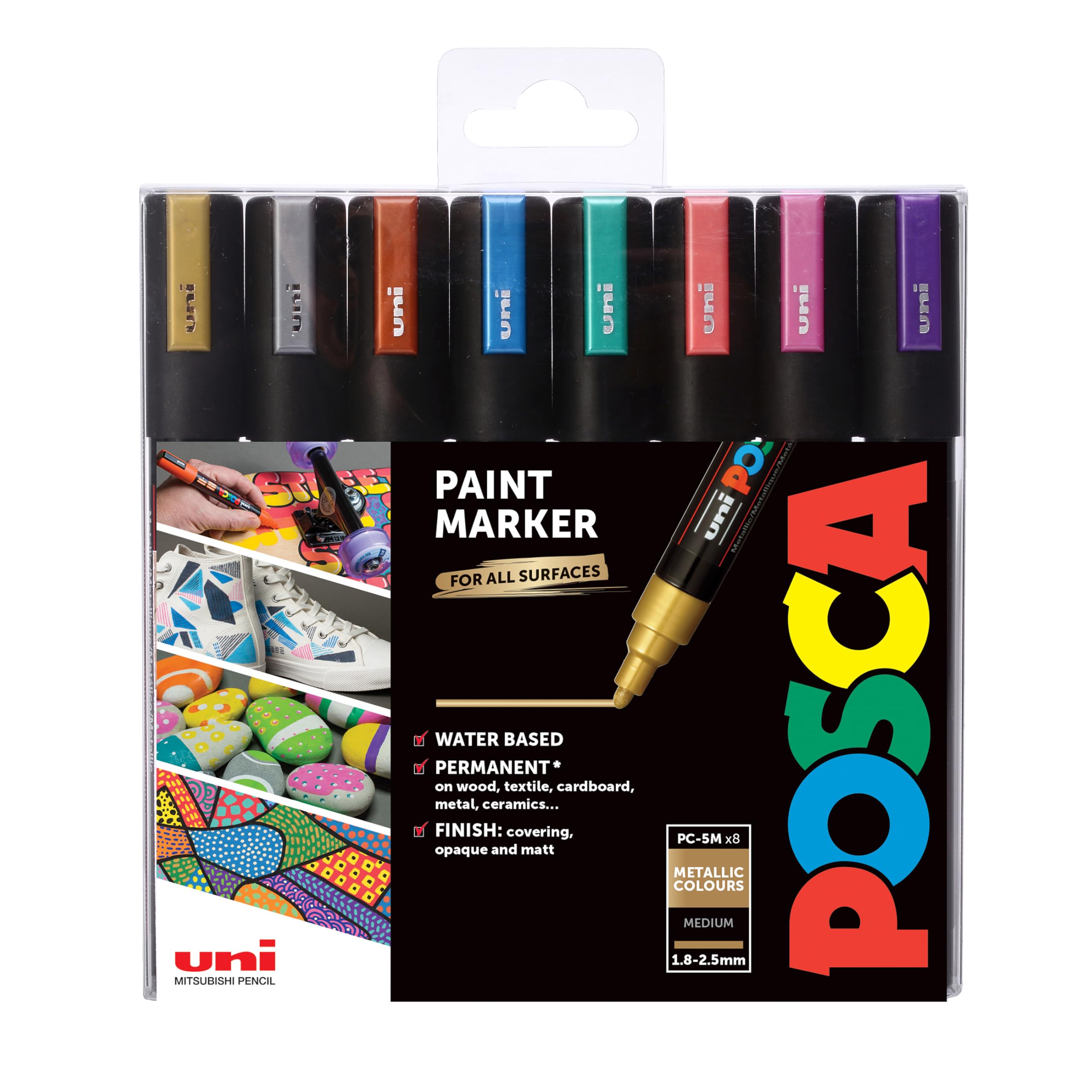 Posca Pens PC-5M Medium Acrylic Metallic Permanent Paint Markers for Adults. Perfect for Colouring, Fabric, Graffiti, Watercolour, Outline Drawing, Window and Glass Art. 8 Pack