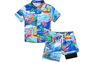 UNICOMIDEA Boys Hawaiian Outfits Tropical Print Button Down Shirt + Swim Trunks 2 Piece Sets for 5-12T Kids