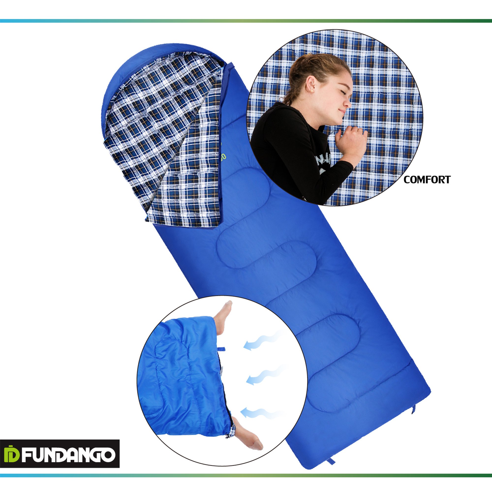 FUNDANGO ENERGY 250 Envelope Lightweight Sleeping Bag for Outdoor Camping, Backpacking, 7 degree C / 44 degree F, (180 + 30) × 75 cm / (70.8 + 11.8) × 29.5 inches, 1.4 kg / 3.1 lbs