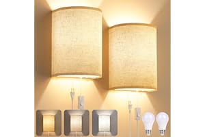 YUNAKING Plug in Wall Sconces Set of Two: Wall Lights with On/Off Switch - Stepless Color Temperature Wall Mount Lamps - Fabric Linen Wall Sconce for Bedroom Living Room & Hallway- Indoor Corded Wall Sconces