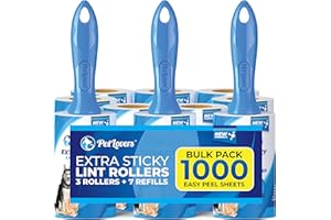 PetLovers Extra Sticky Lint Roller Bulk Value Set 1,000 Sheets 3 Rollers 7 Refills for Pet Hair Removal, Dog and Cat Lint Remover