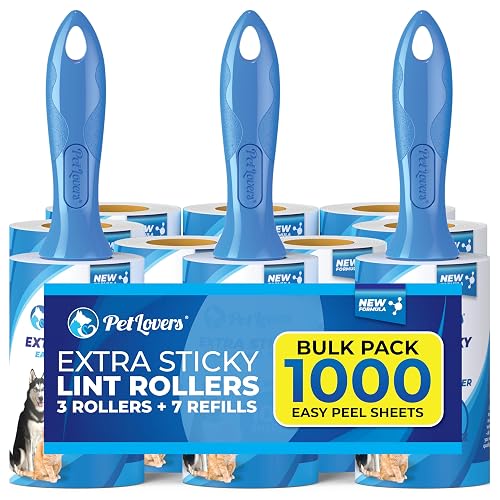 PetLovers Extra Sticky Lint Roller Bulk Value Set 3 Rollers 7 Refills 1,000 Sheets for Pet Hair Removal, Dog and Cat Lint Remover