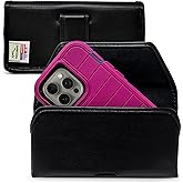 Turtleback Belt Holder for iPhone 16 Pro, 16e, 15 pro 14 Pro 13 Pro -Large- Fits w/Defender Bulky Style Cases, Premium Black Leather, Horizontal Case, Magnetic Closure Leather Wrapped Belt Clip