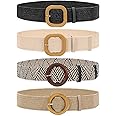 WHIPPY Set of 3/4 Straw Woven Elastic Stretch Waist Belts for Women, Fashion Boho Ladies Braided Skinny Dress Belt