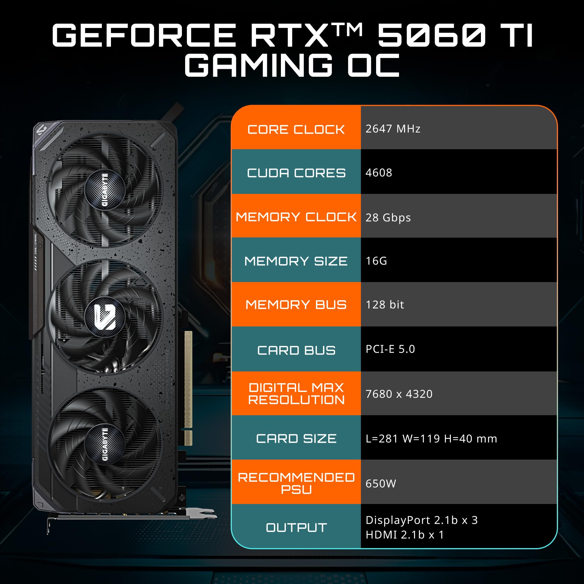 GIGABYTE GeForce RTX 5060 Ti Gaming OC 16G Graphics Card, 16GB 128-bit GDDR7, PCIe 5.0, WINDFORCE Cooling System, GV-N506TGAMING OC-16GD Video Card