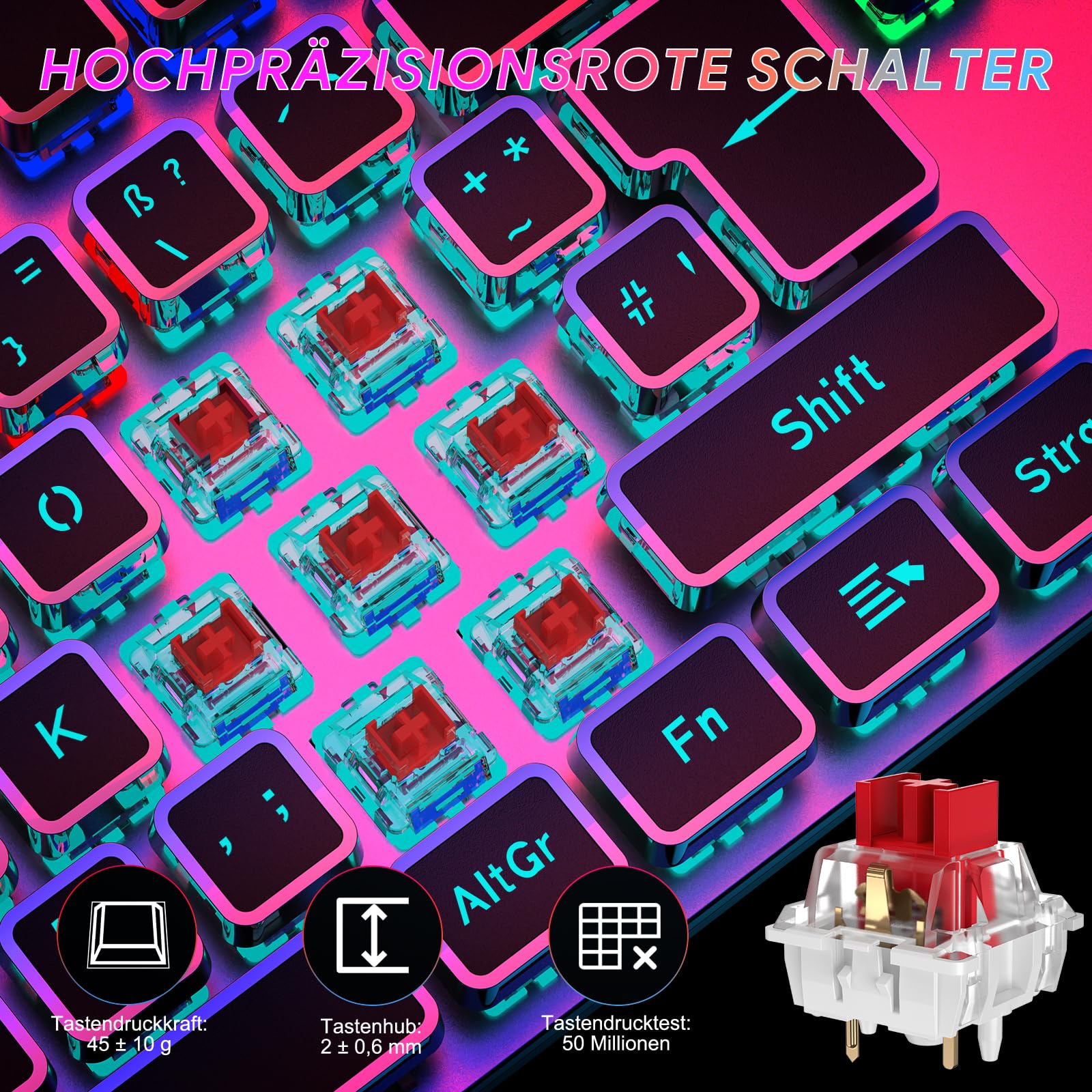 TECURS MK205 Mechanische Gaming-Tastatur, 105 Tasten, RGB, Rote Switches 5