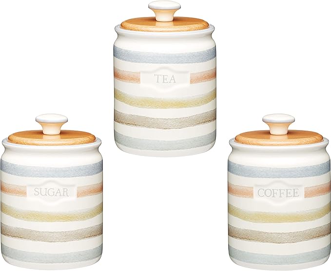 KitchenCraft Classic Collection Striped Ceramic Tea, Coffee and Sugar