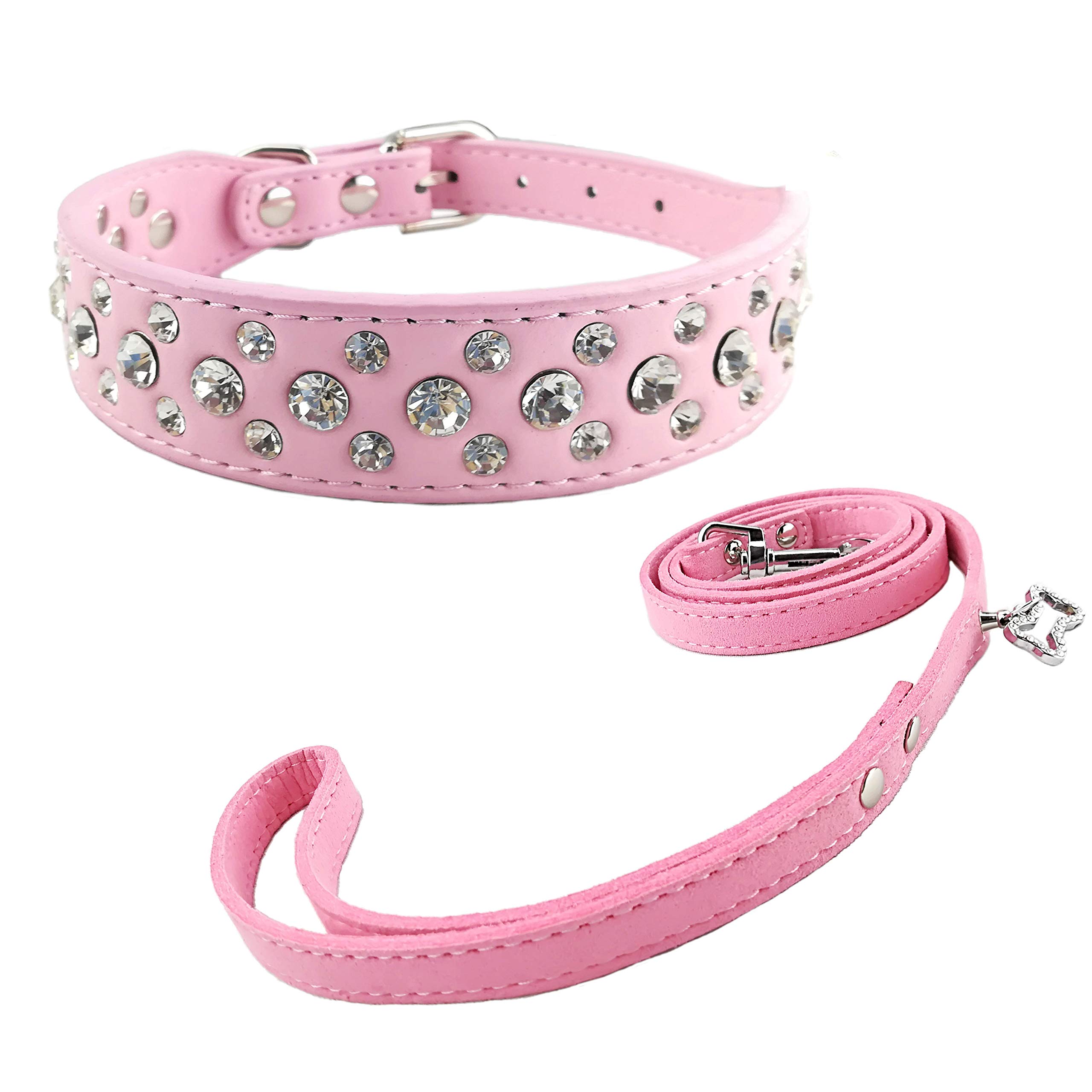 Newtensina Fashion Dog Collar and Lead Set Bling Puppies Collar Cute Diamante Dog Collar with Leashes - Pink - S