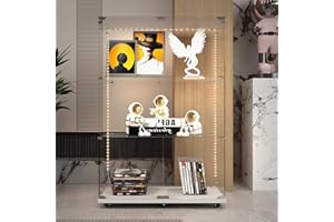 nifoti 3-Shelf Glass Display Storage Cabinet with LED Lights Strip & Lock, Glass Top Curio Case with Casters & Double Doors, Tempered Glass Display Showcase for Living Room,Exhibition Hall(White)