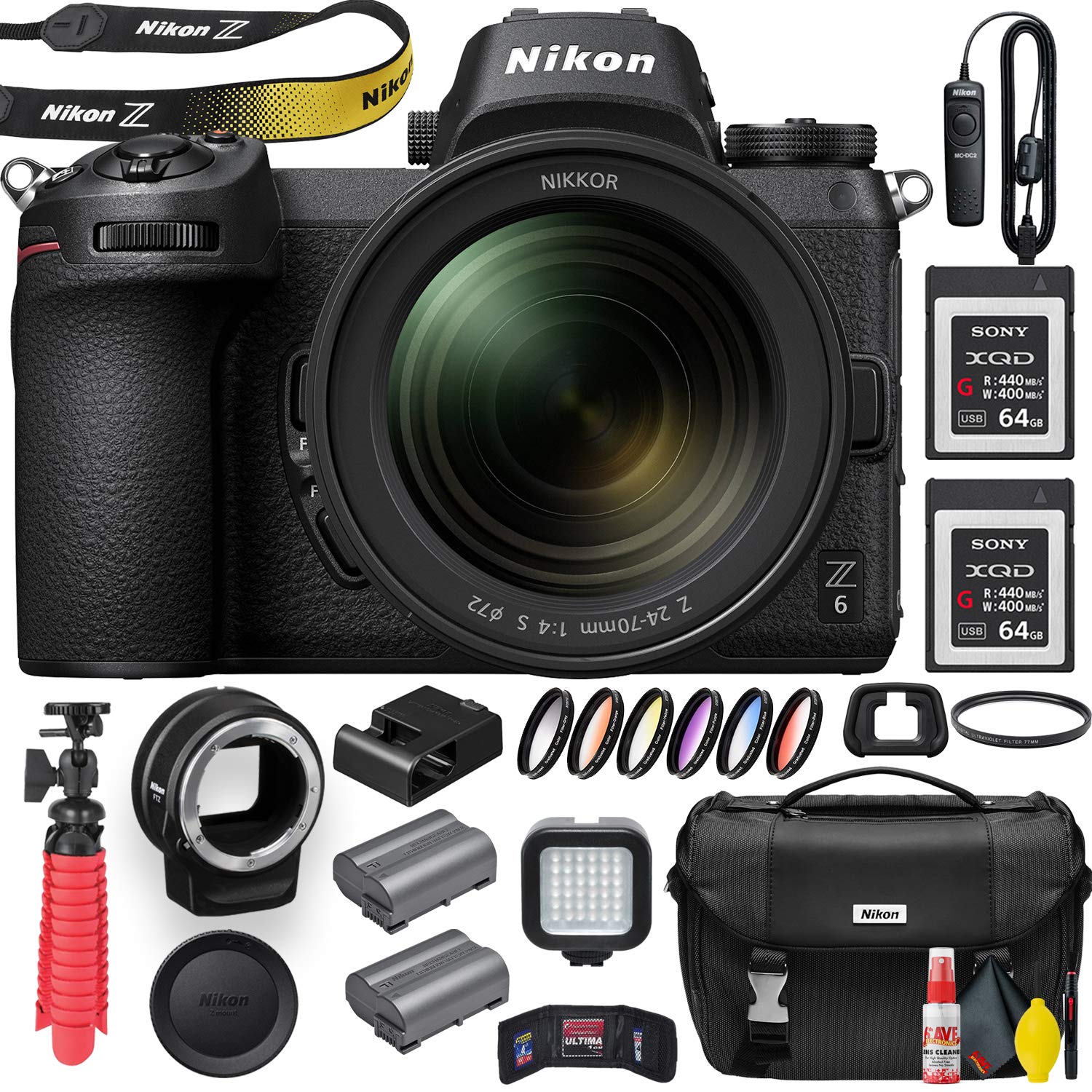 Nikon Z6 Mirrorless Digital Camera with 24-70mm Lens (1598) with Nikon FTZ Lens Adapter, Nikon Bag, MC-DC2 Remote, 2 Sony 64GB XQD Cards, Filter Kit, UV Filter, Extra Battery, Light and More (Renewed)