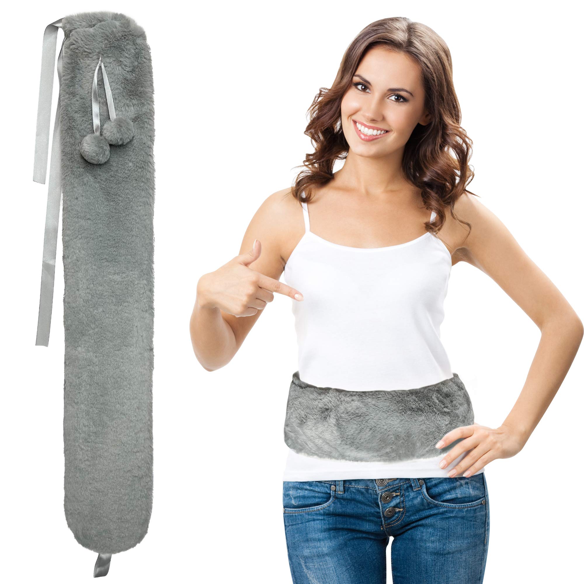 Long Hot Water Bottle with Cover, 2L Capacity 72cm Length Natural Rubber Hot Water Bottle with Faux Fur Cover for Women, Hot Water Bottle with Rope for Wearable on Neck, Shoulder, Waist, Abdomen