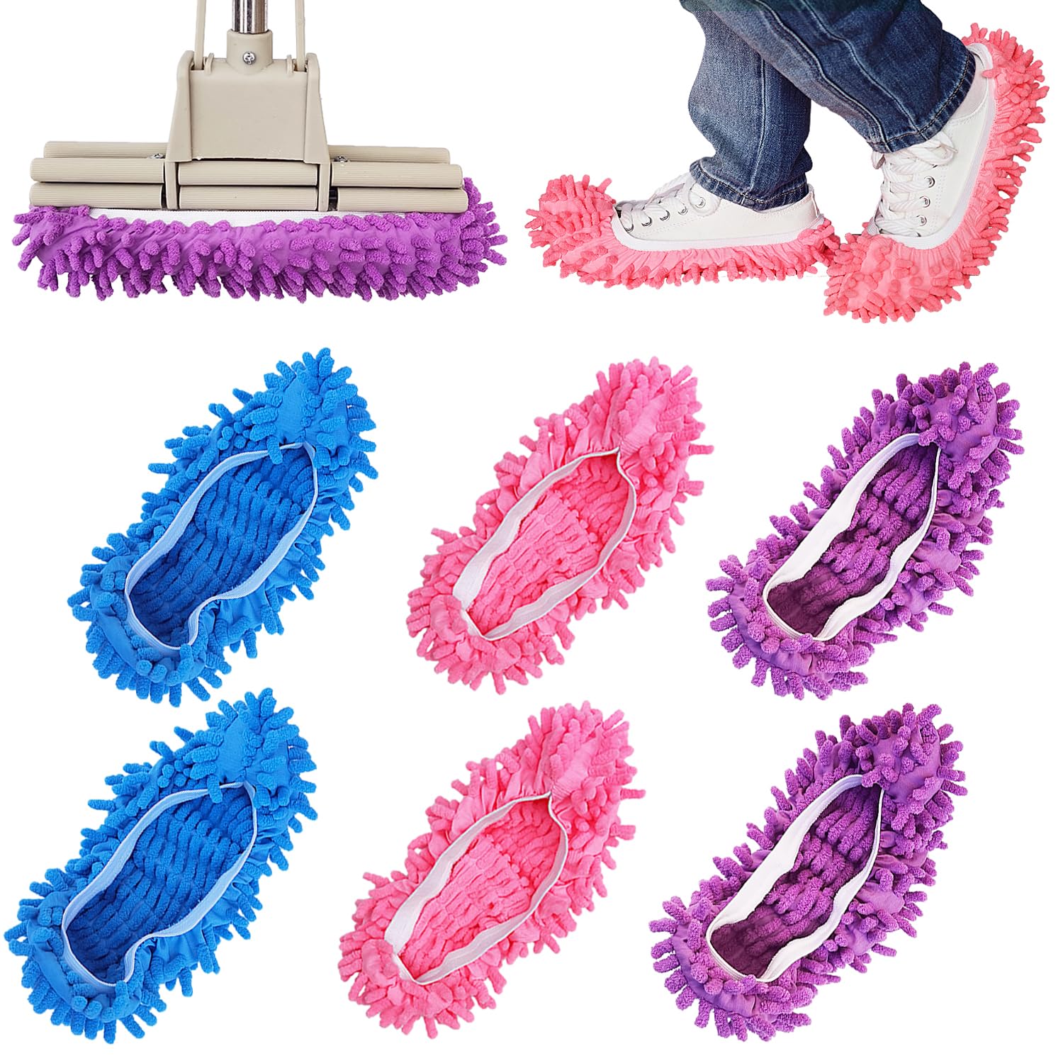 Photo 1 of 6 Pcs Shoes Cover Duster, Microfiber Dust Mops, Reusable Mop Slippers, Multi Purpose Floor Cleaning Shoes, Feather Duster for Bathroom, Office, Kitchen, House Cleaning (3 Pairs)