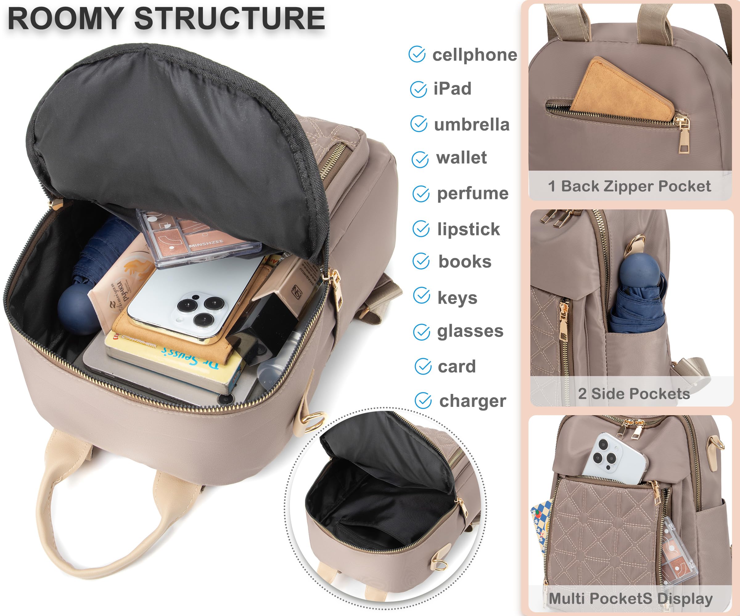 Pealwel Mini Nylon Women Backpacks,Small Ladies backpacks Lightweight Shoulder Satchel Bag Tote Handbag Casual Travel Daypack (Khaqi)