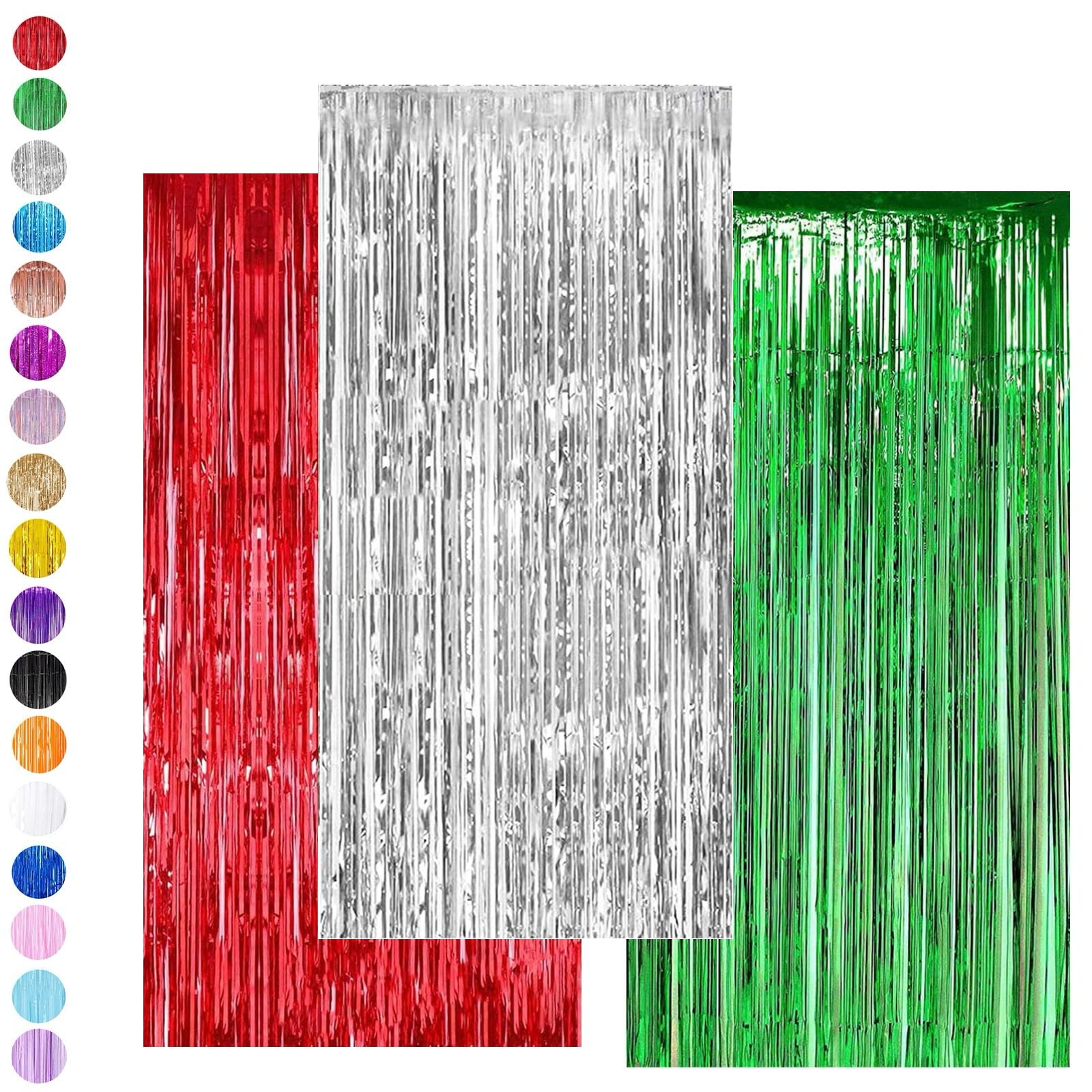Red Green Silver Tinsel Curtain Party Backdrop Glitter,3P 3.2ft x 6.5ft Foil Curtain Christmas Decor,Foil Fringe Streamers Metallic Tinsel Door Hanging Foil Flow Silk Streamers for Xmas Holiday Party