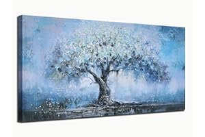 Enartly Tree Wall Art Teal Blue Nature Tree Abstract Canvas Painting Textured Picture, Modern Large Panoramic Landscape Artwork Framed for Living Room Bedroom Bathroom Office Home Decor 48"x24"