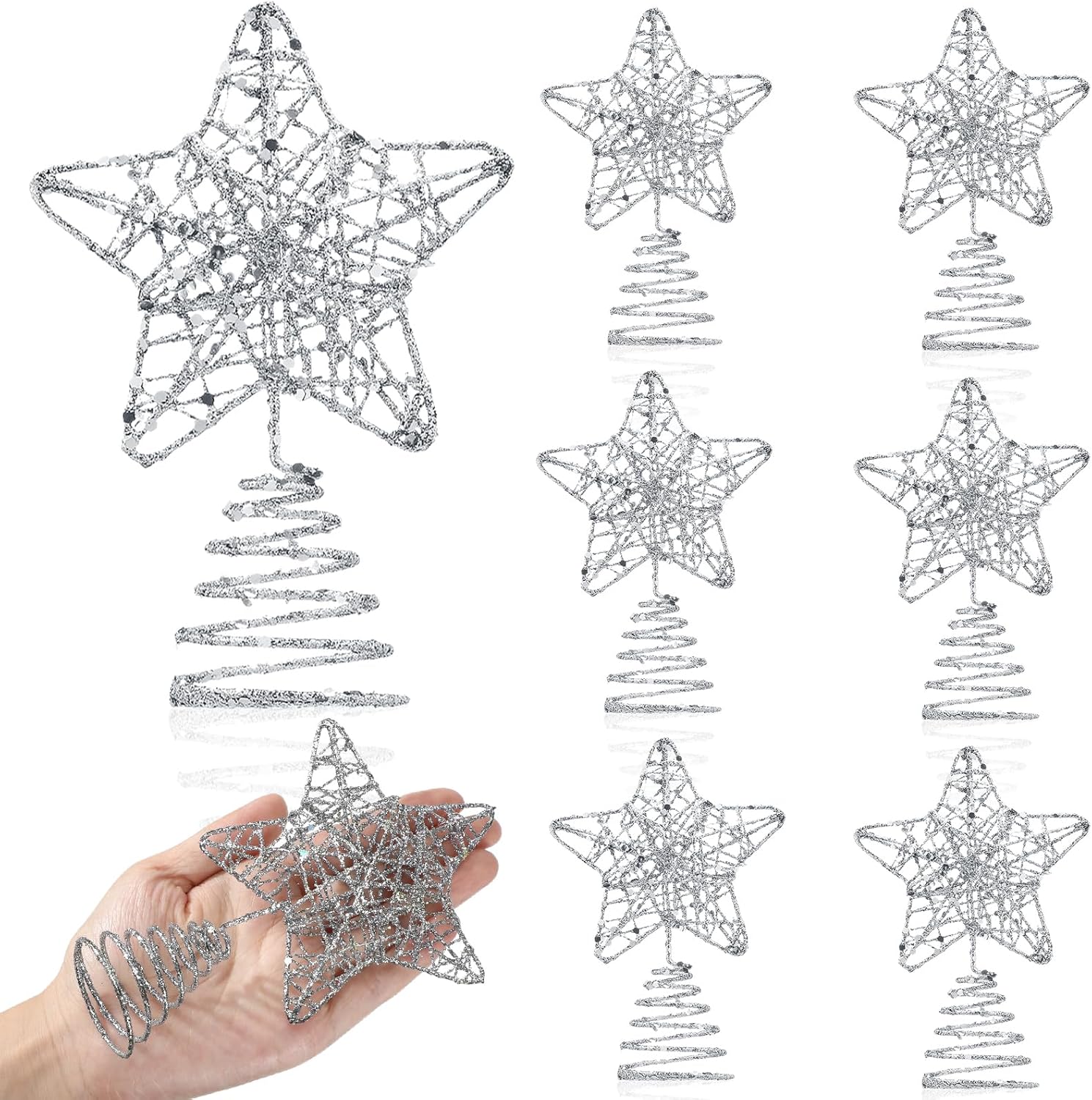 Tree Toppers - Hiboom 6 Pieces Christmas Tree Star Toppers Gold Glittered Xmas Tree Topper 3.15 Inch Hollow Star Treetop Topper for Indoor Party Decoration Ornaments (Silver)