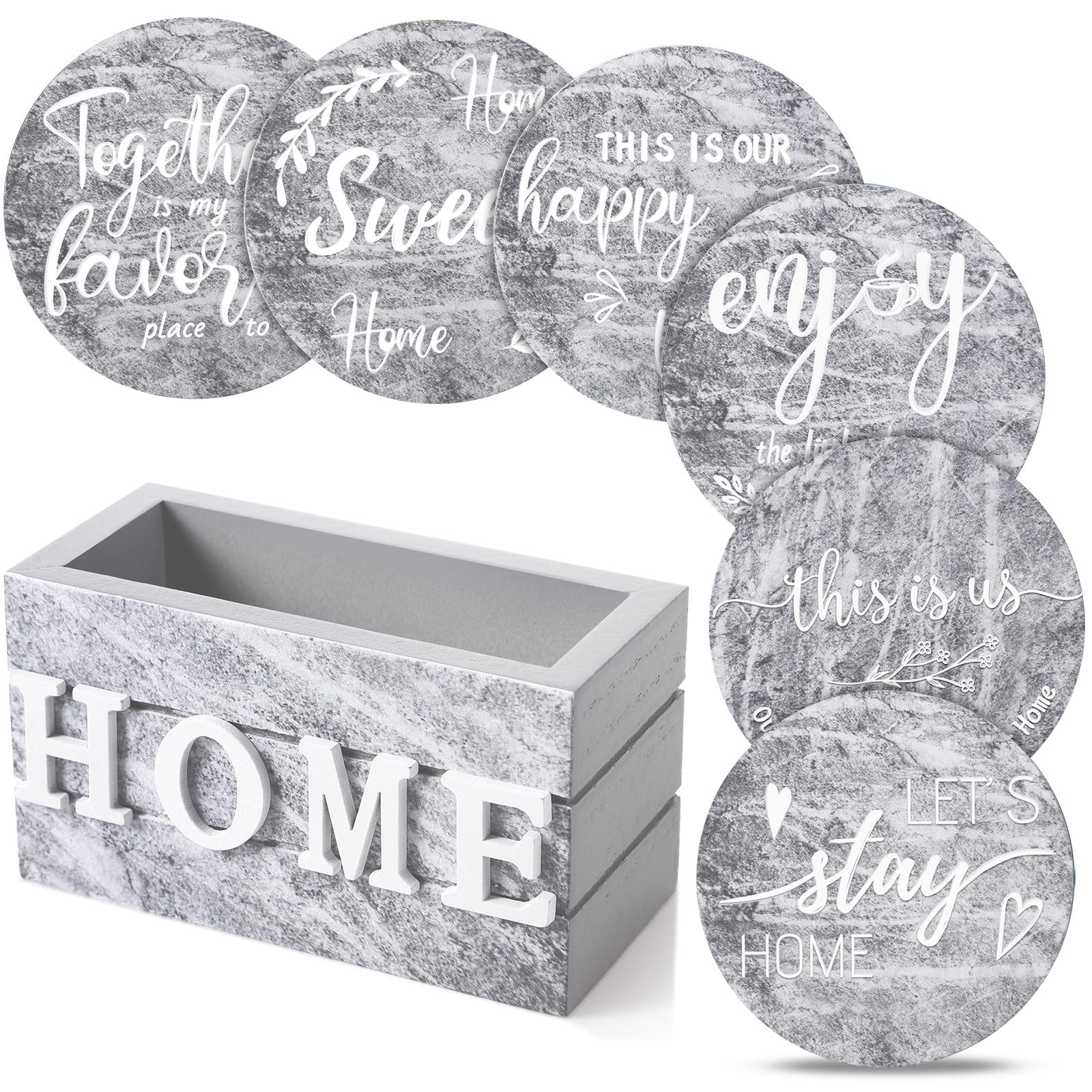 Queekay Coasters Set of 6 House Warming Gifts New Home Wooden Farmhouse Drink Coasters with Holder 4'' Funny Decoration for Kitchen Family Coffee Bar Tabletop Protection(Gray Marble) — image 1