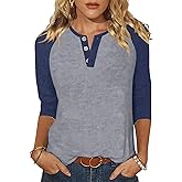 Halife Women's Casual 3/4 Sleeve T Shirts Button V Neck Tunic Blouses Color Block Basic Tee Tops Loose Fit Summer Shirt