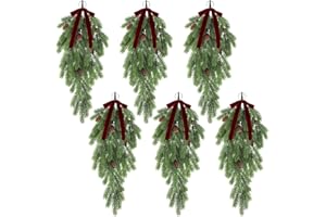 Thiccywoov 6 Pack Christmas Teardrop Swags with Velvet Bows 24 Inch Rustic Artificial Pine Greenery Teardrop Wreath for Holiday Front Door Stair Mantle Fireplace Wall Indoor Outdoor Decor(Burgundy)