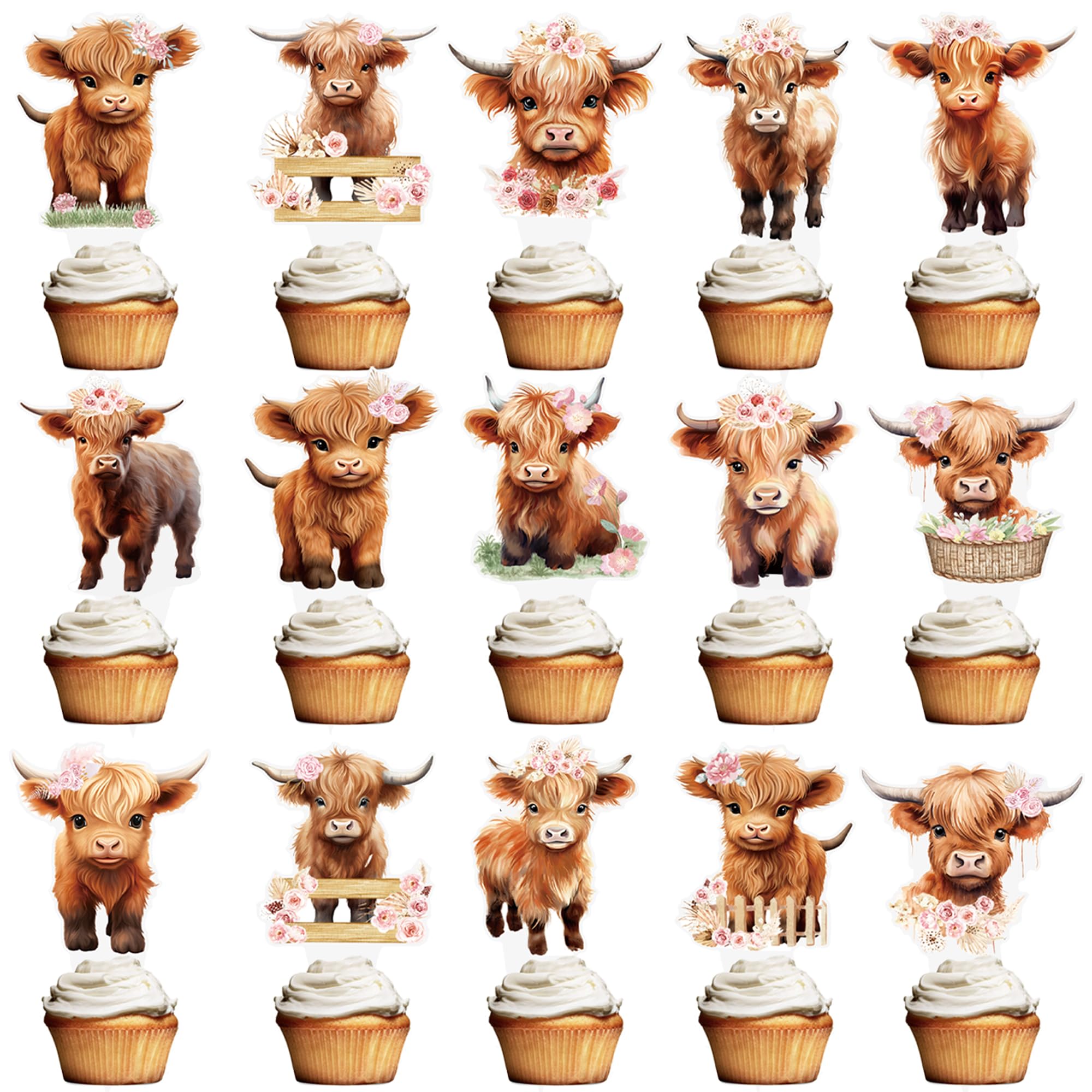 Photo 1 of 48Pcs Highland Cow Cupcake Toppers Highland Cow Cake Topper Highland Cow Birthday Decorations Cow Party Decorations Highland Cattle Cake Pick for Girls Cow Baby Shower Supplies