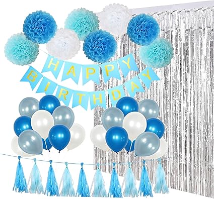 Decorazioni Per Feste Di Compleanno Con Scritta In Inglese Happy Birthday Con Tende In Argento Pompon E Nappe Palloncini In Lattice Per Feste Per Bambini O Adulti Amazon It Amazon It