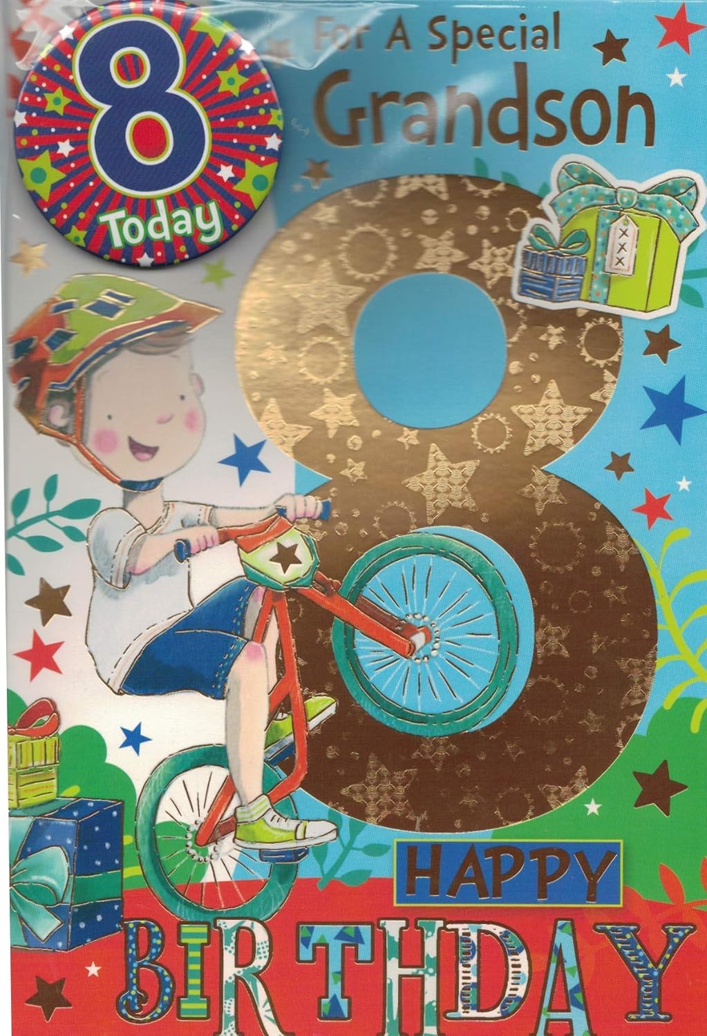 GRANDSON AGE 8 EIGHT BIRTHDAY CARD WITH BADGE***9 X 6 INCHES**1ST CLASS POST**AE8**, green|blue|beige|brown
