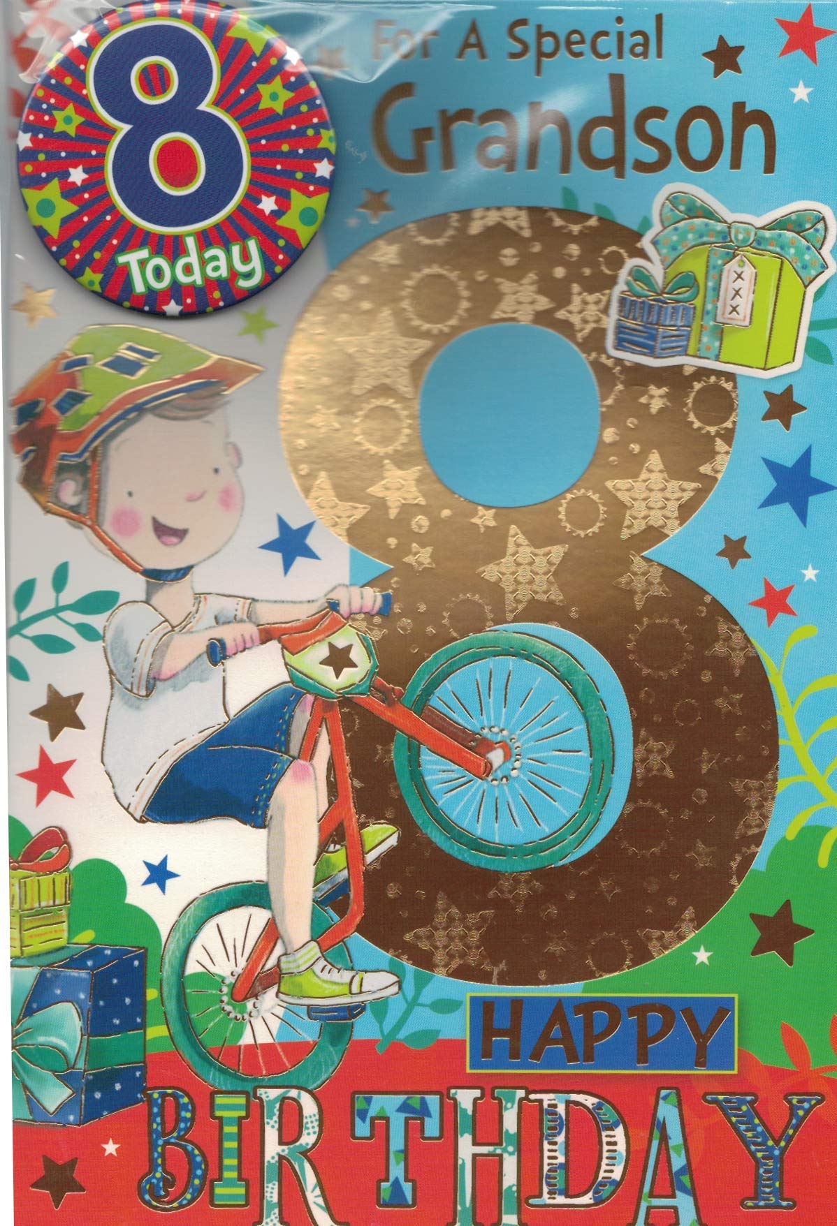 GRANDSON AGE 8 EIGHT BIRTHDAY CARD WITH BADGE***9 X 6 INCHES**1ST CLASS POST**AE8**