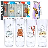 Friends Shot Glasses 4 Pack - Bundle with 2 Oz Mini Glasses Featuring Funny Iconic TV Show Quotes Plus Bookmark | Friends TV Show Mini Cups Memorabilia Gift Set