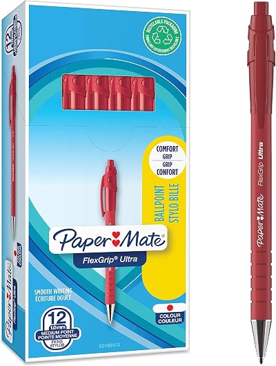 Paper Mate Flexgrip Ultra Retractable Ballpoint Pens Red 1.0mm 12 Count