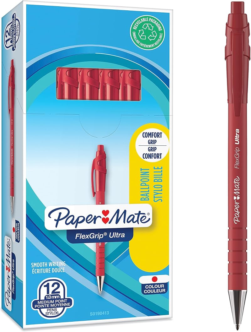 Paper Mate Flexgrip Ultra Retractable Ballpoint Pens Red 1.0mm 12 Count