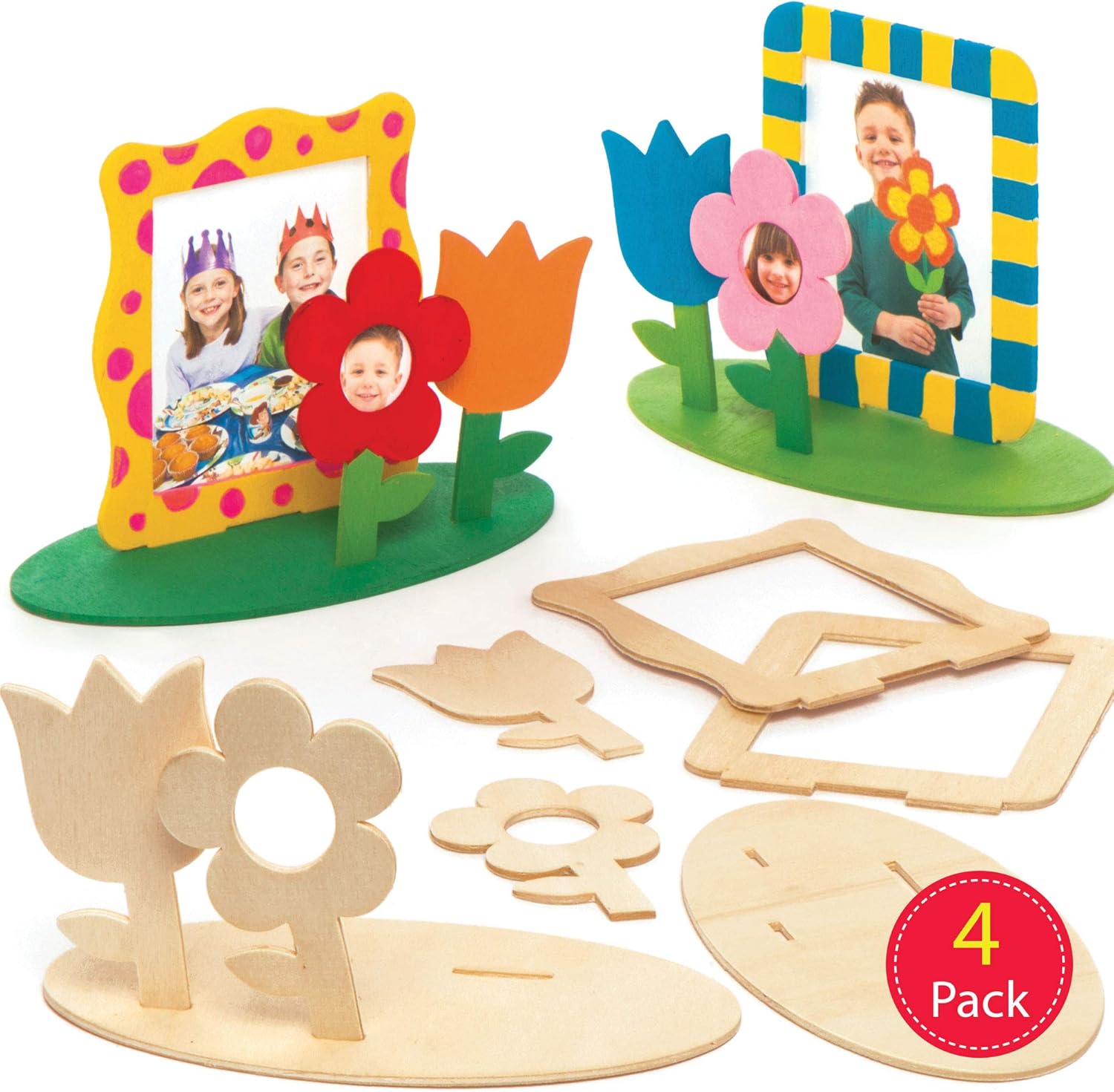 Baker Ross Wooden Flower Garden Photo Frame Kits (Pack of 4) For Kids
