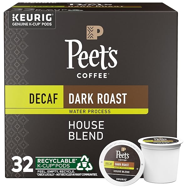 PEET’S COFFEE, DARK ROAST DECAF SINGLE SERVE COFFEE PODS – DECAF HOUSE BLEND 32 COUNT (1 BOX OF 32 PODS)
