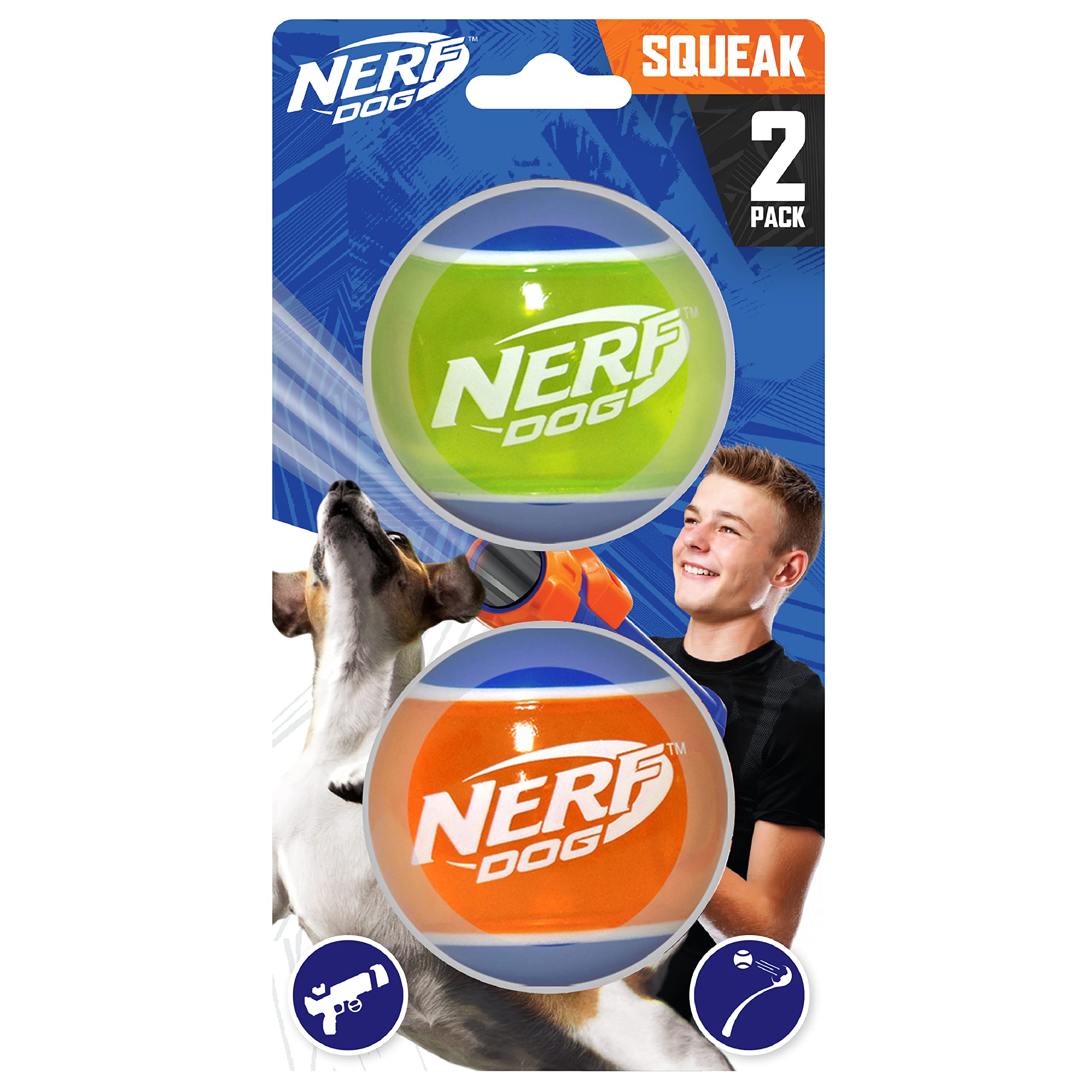 Nerf Dog Rubber Tennis Ball Dog Toys with Interactive Squeaker, Lightweight, Durable and Water Resistant, 2 Inches, for Small/Medium/Large Breeds, Two Pack, Mixed Colors 2Count(Pack of 1)
