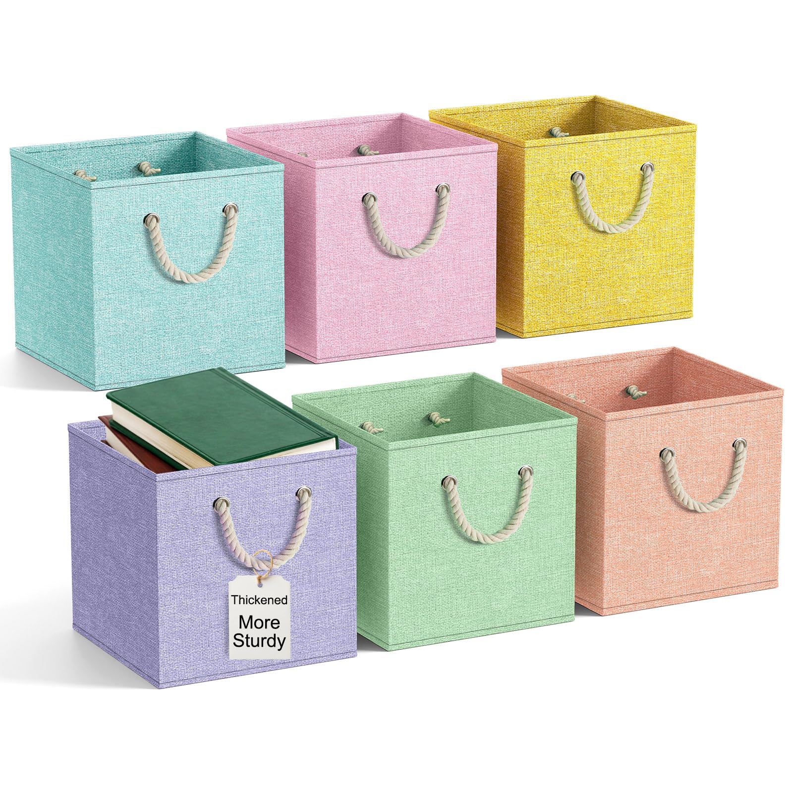 Photo 1 of **Only Two** Geelin 6 Pcs Fabric Linen Thickened Storage Cube with Handle 11 Inch Heavy Duty Multi-color Collapsible Sturdy Durable Storage Bin Organizer Box Clothes Shelf Christmas Holiday Festival(Macaron)