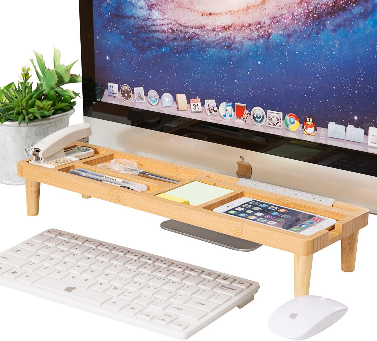 Saving Bamboo Desk Organiser, AhfuLife® Small Objects Storage Keyboard Commodity Shelf with 6 Compartments Anti dust Shelf Over Keyboard for Smartphone, ipad, notepads, and More