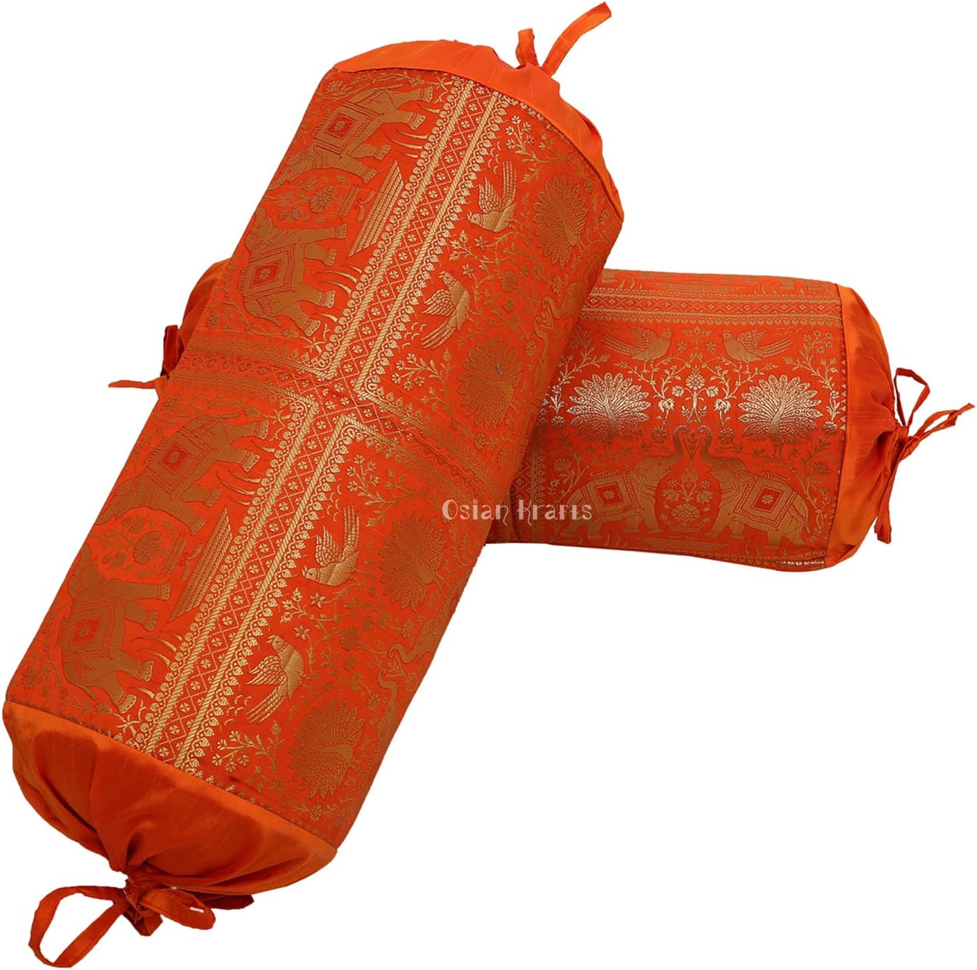 Osian Krafts Brocade & Polydupion Silk Decorative Bolster Covers 30x15 Inches Set of 2 Pcs, Orange