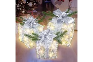 Caxchiling Christmas Lighted Gift Boxes 3 Pack - Prelit 50 LED Light Up Present Boxes for Indoor Outdoor Decorations, Arrangements Undertree - Silver