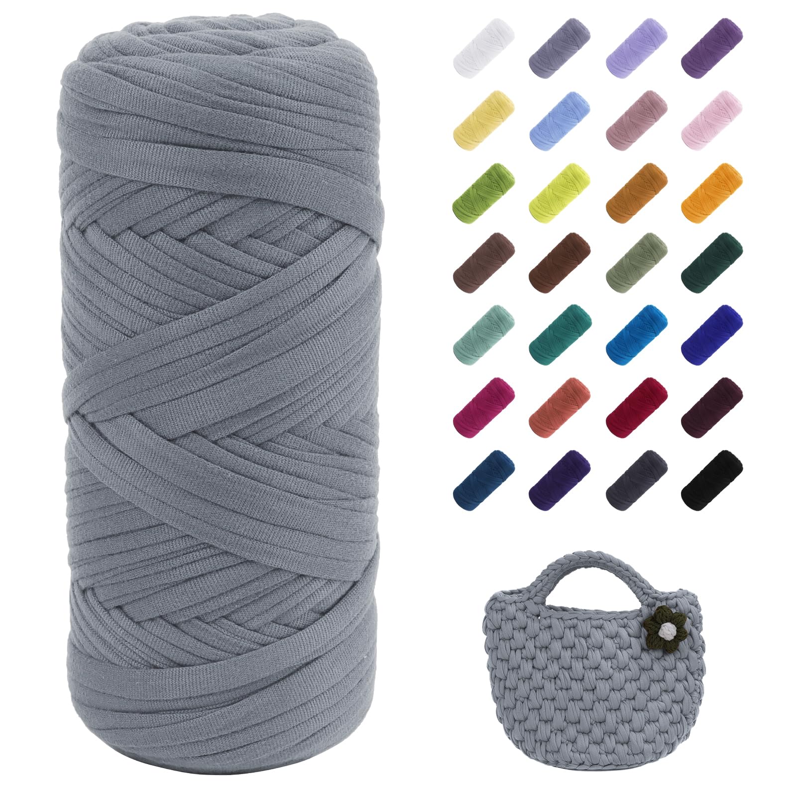 Uiopa T-Shirt Yarn, 200g/196ft Elastic Fabric Cloth Knitting T Shirt Yarn, Light Gray Thick Crochet Fabric Ribbon for Crocheting Bags/Baskets/Rugs, Home Decor, DIY Crafts