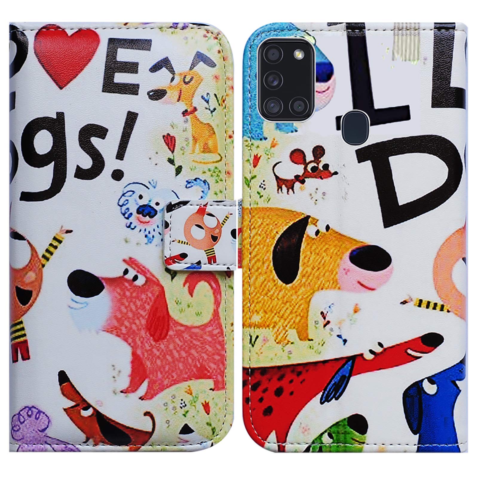 Bcov Galaxy A21s Case, Colorful Cute Dogs Leather Flip Case Wallet Cover with Card Slot Holder Kickstand For Samsung Galaxy A21s